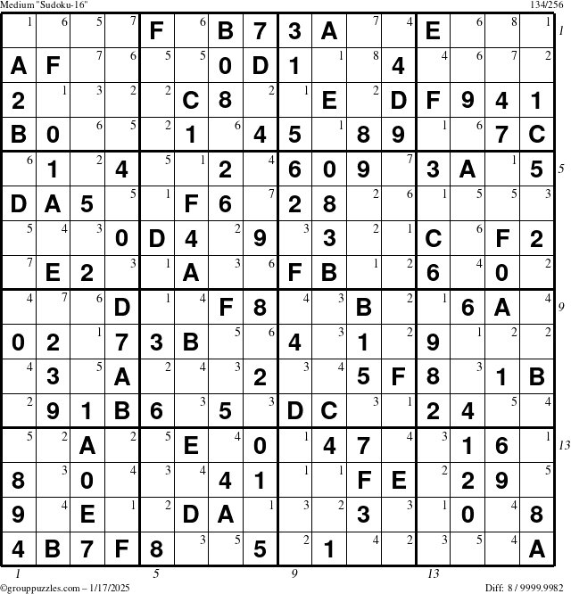 The grouppuzzles.com Medium Sudoku-16 puzzle for Friday January 17, 2025 with all 8 steps marked