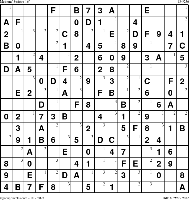 The grouppuzzles.com Medium Sudoku-16 puzzle for Friday January 17, 2025 with the first 3 steps marked