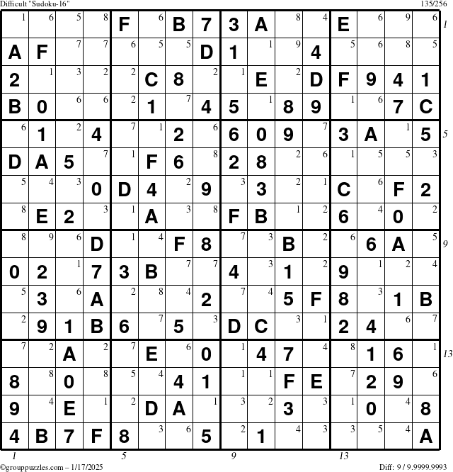 The grouppuzzles.com Difficult Sudoku-16 puzzle for Friday January 17, 2025, suitable for printing, with all 9 steps marked