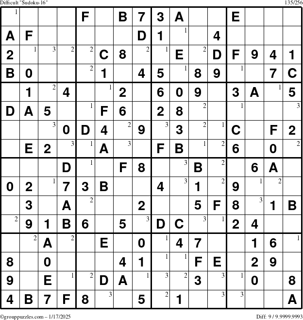 The grouppuzzles.com Difficult Sudoku-16 puzzle for Friday January 17, 2025 with the first 3 steps marked