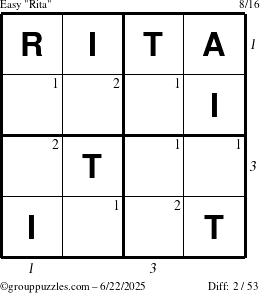 The grouppuzzles.com Easy Rita puzzle for Sunday June 22, 2025 with all 2 steps marked