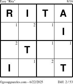 The grouppuzzles.com Easy Rita puzzle for Sunday June 22, 2025 with the first 2 steps marked