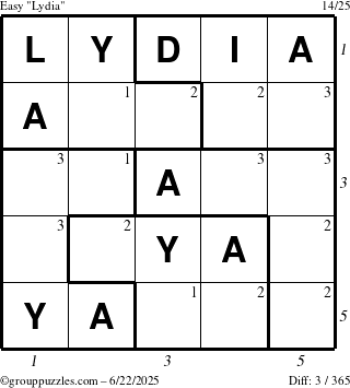 The grouppuzzles.com Easy Lydia puzzle for Sunday June 22, 2025, suitable for printing, with all 3 steps marked