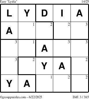 The grouppuzzles.com Easy Lydia puzzle for Sunday June 22, 2025 with the first 3 steps marked