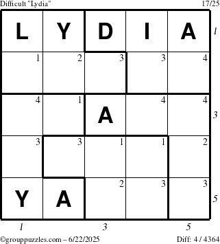 The grouppuzzles.com Difficult Lydia puzzle for Sunday June 22, 2025 with all 4 steps marked