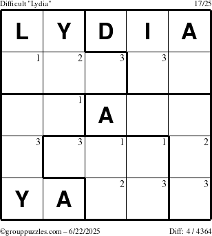 The grouppuzzles.com Difficult Lydia puzzle for Sunday June 22, 2025 with the first 3 steps marked
