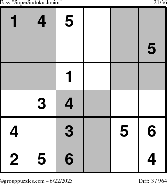 The grouppuzzles.com Easy SuperSudoku-Junior puzzle for Sunday June 22, 2025