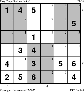 The grouppuzzles.com Easy SuperSudoku-Junior puzzle for Sunday June 22, 2025 with all 3 steps marked