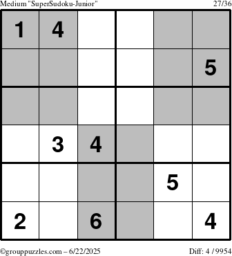 The grouppuzzles.com Medium SuperSudoku-Junior puzzle for Sunday June 22, 2025