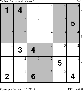 The grouppuzzles.com Medium SuperSudoku-Junior puzzle for Sunday June 22, 2025 with all 4 steps marked