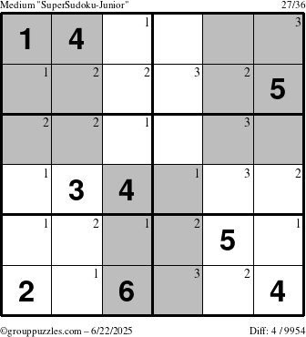 The grouppuzzles.com Medium SuperSudoku-Junior puzzle for Sunday June 22, 2025 with the first 3 steps marked