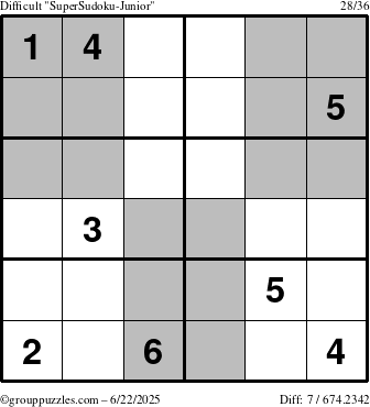 The grouppuzzles.com Difficult SuperSudoku-Junior puzzle for Sunday June 22, 2025