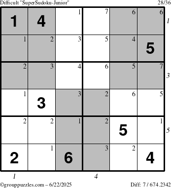 The grouppuzzles.com Difficult SuperSudoku-Junior puzzle for Sunday June 22, 2025 with all 7 steps marked