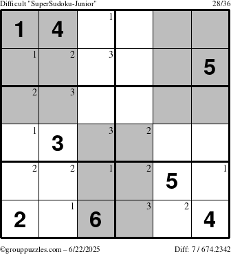 The grouppuzzles.com Difficult SuperSudoku-Junior puzzle for Sunday June 22, 2025 with the first 3 steps marked