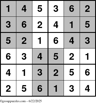 The grouppuzzles.com Answer grid for the SuperSudoku-Junior puzzle for Sunday June 22, 2025