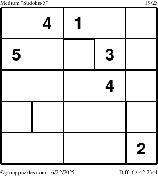 The grouppuzzles.com Medium Sudoku-5 puzzle for Sunday June 22, 2025