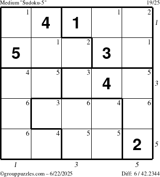 The grouppuzzles.com Medium Sudoku-5 puzzle for Sunday June 22, 2025 with all 6 steps marked