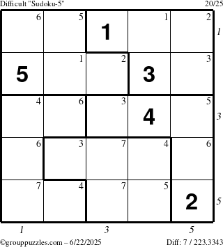 The grouppuzzles.com Difficult Sudoku-5 puzzle for Sunday June 22, 2025 with all 7 steps marked