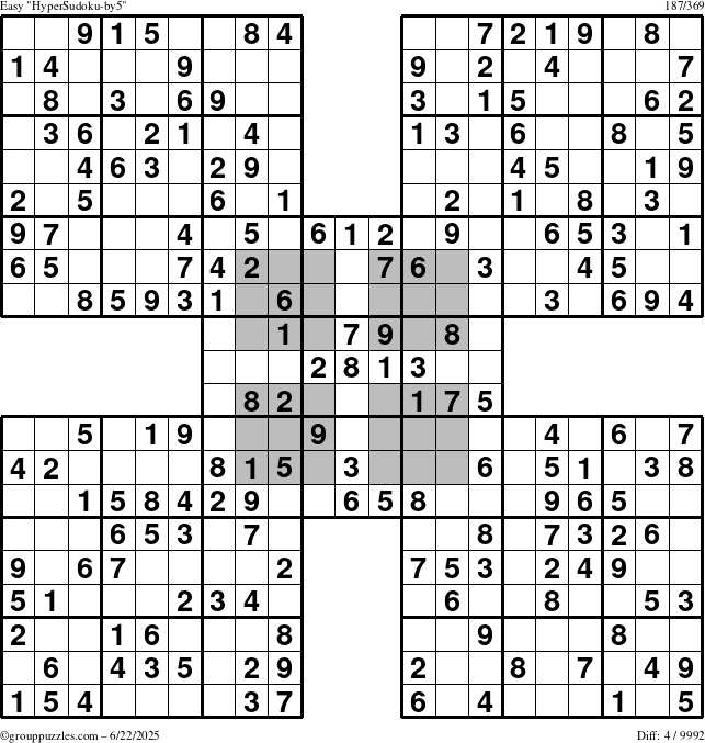 The grouppuzzles.com Easy HyperSudoku-by5 puzzle for Sunday June 22, 2025