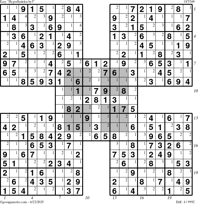 The grouppuzzles.com Easy HyperSudoku-by5 puzzle for Sunday June 22, 2025 with all 4 steps marked