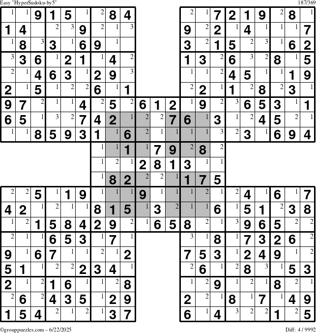 The grouppuzzles.com Easy HyperSudoku-by5 puzzle for Sunday June 22, 2025 with the first 3 steps marked