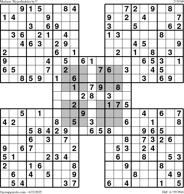 The grouppuzzles.com Medium HyperSudoku-by5 puzzle for Sunday June 22, 2025