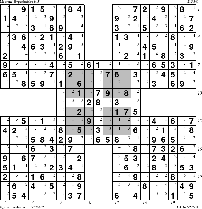 The grouppuzzles.com Medium HyperSudoku-by5 puzzle for Sunday June 22, 2025 with all 6 steps marked