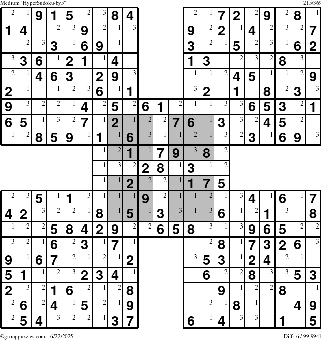 The grouppuzzles.com Medium HyperSudoku-by5 puzzle for Sunday June 22, 2025 with the first 3 steps marked