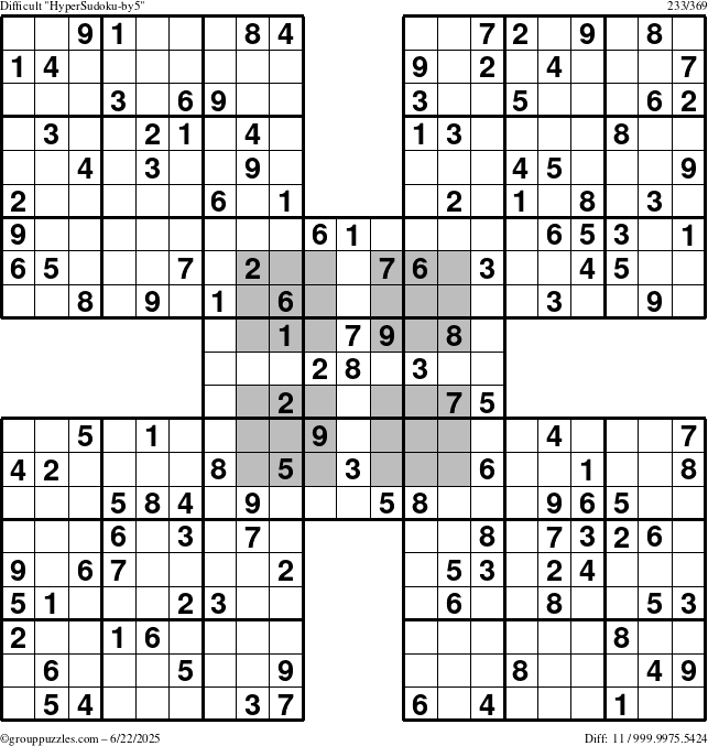 The grouppuzzles.com Difficult HyperSudoku-by5 puzzle for Sunday June 22, 2025