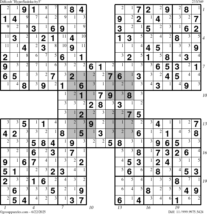 The grouppuzzles.com Difficult HyperSudoku-by5 puzzle for Sunday June 22, 2025 with all 11 steps marked
