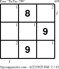 The grouppuzzles.com Easy TicTac-789 puzzle for Sunday June 22, 2025 with all 2 steps marked