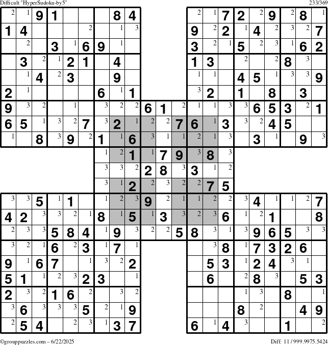The grouppuzzles.com Difficult HyperSudoku-by5 puzzle for Sunday June 22, 2025 with the first 3 steps marked