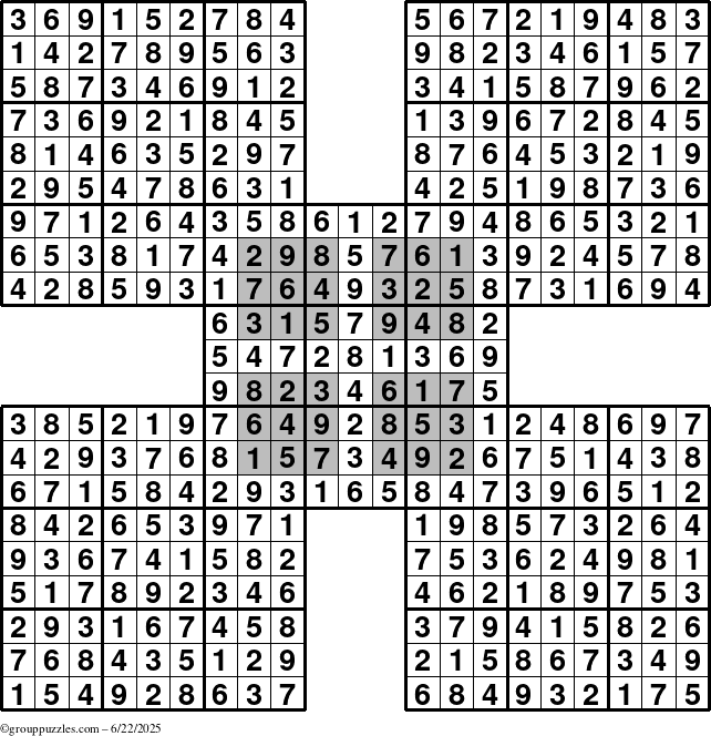 The grouppuzzles.com Answer grid for the HyperSudoku-by5 puzzle for Sunday June 22, 2025