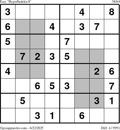 The grouppuzzles.com Easy HyperSudoku-8 puzzle for Sunday June 22, 2025