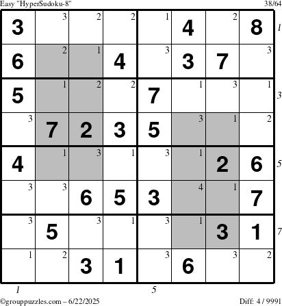 The grouppuzzles.com Easy HyperSudoku-8 puzzle for Sunday June 22, 2025 with all 4 steps marked
