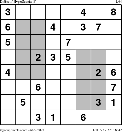 The grouppuzzles.com Difficult HyperSudoku-8 puzzle for Sunday June 22, 2025