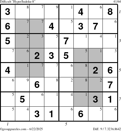 The grouppuzzles.com Difficult HyperSudoku-8 puzzle for Sunday June 22, 2025 with all 9 steps marked