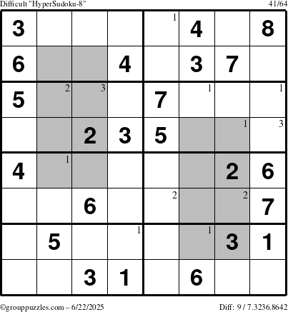 The grouppuzzles.com Difficult HyperSudoku-8 puzzle for Sunday June 22, 2025 with the first 3 steps marked