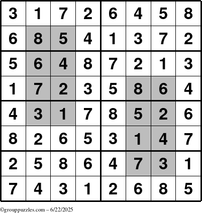 The grouppuzzles.com Answer grid for the HyperSudoku-8 puzzle for Sunday June 22, 2025