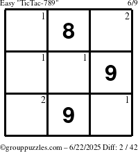 The grouppuzzles.com Easy TicTac-789 puzzle for Sunday June 22, 2025 with the first 2 steps marked