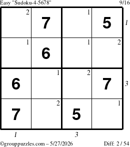 The grouppuzzles.com Easy Sudoku-4-5678 puzzle for Wednesday May 27, 2026 with all 2 steps marked