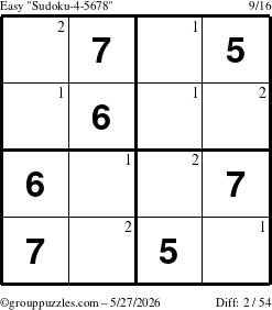 The grouppuzzles.com Easy Sudoku-4-5678 puzzle for Wednesday May 27, 2026 with the first 2 steps marked