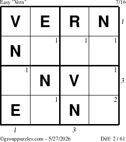 The grouppuzzles.com Easy Vern puzzle for Wednesday May 27, 2026, suitable for printing, with all 2 steps marked