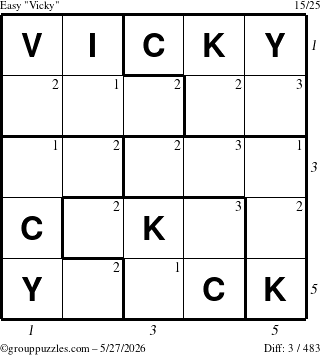 The grouppuzzles.com Easy Vicky puzzle for Wednesday May 27, 2026 with all 3 steps marked