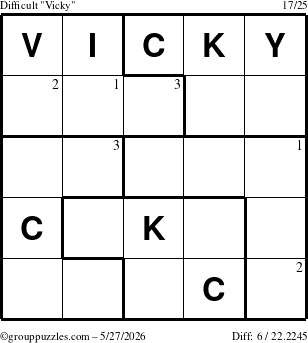 The grouppuzzles.com Difficult Vicky puzzle for Wednesday May 27, 2026 with the first 3 steps marked