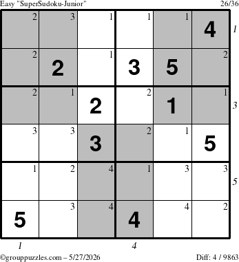 The grouppuzzles.com Easy SuperSudoku-Junior puzzle for Wednesday May 27, 2026 with all 4 steps marked