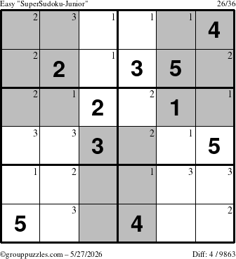 The grouppuzzles.com Easy SuperSudoku-Junior puzzle for Wednesday May 27, 2026 with the first 3 steps marked