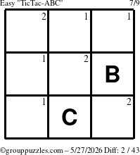 The grouppuzzles.com Easy TicTac-ABC puzzle for Wednesday May 27, 2026 with the first 2 steps marked