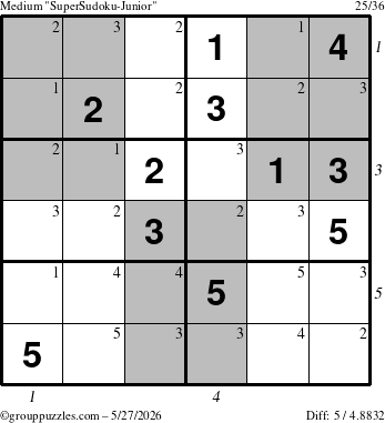 The grouppuzzles.com Medium SuperSudoku-Junior puzzle for Wednesday May 27, 2026, suitable for printing, with all 5 steps marked