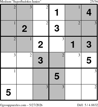 The grouppuzzles.com Medium SuperSudoku-Junior puzzle for Wednesday May 27, 2026 with the first 3 steps marked
